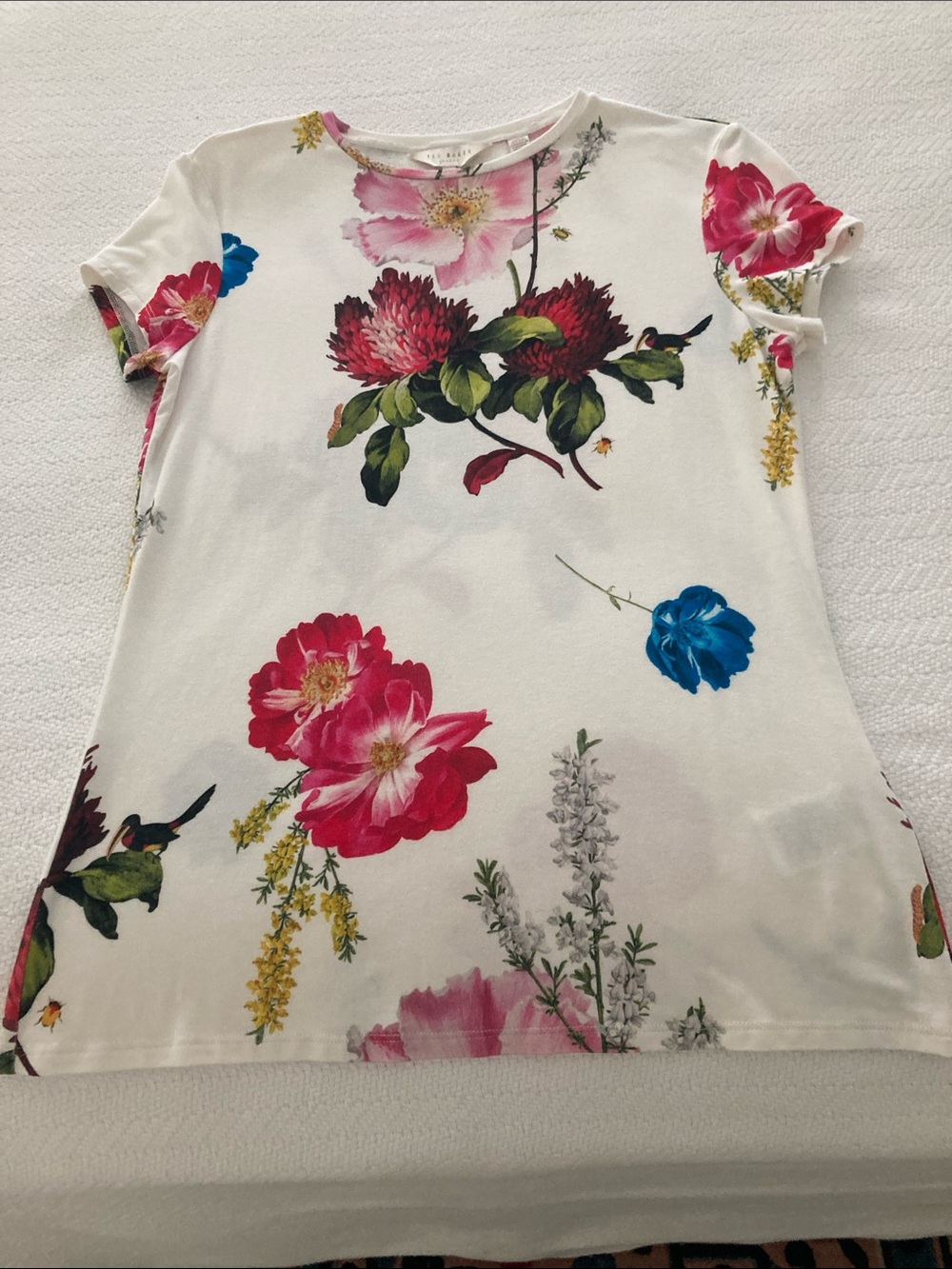 Ted Baker White Floral Short Sleeve Tee with Pink, Blue & Green Accents